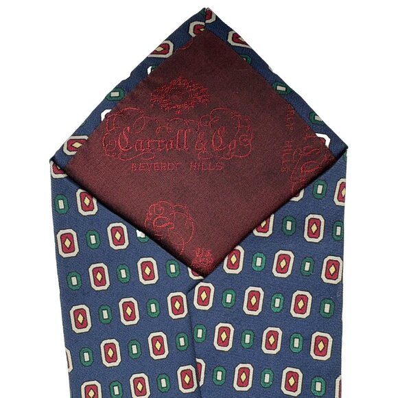 Beautiful Necktie Carroll & Co Navy Blue Yellow Red Green Diamonds Geometric GUC - Picture 5 of 6